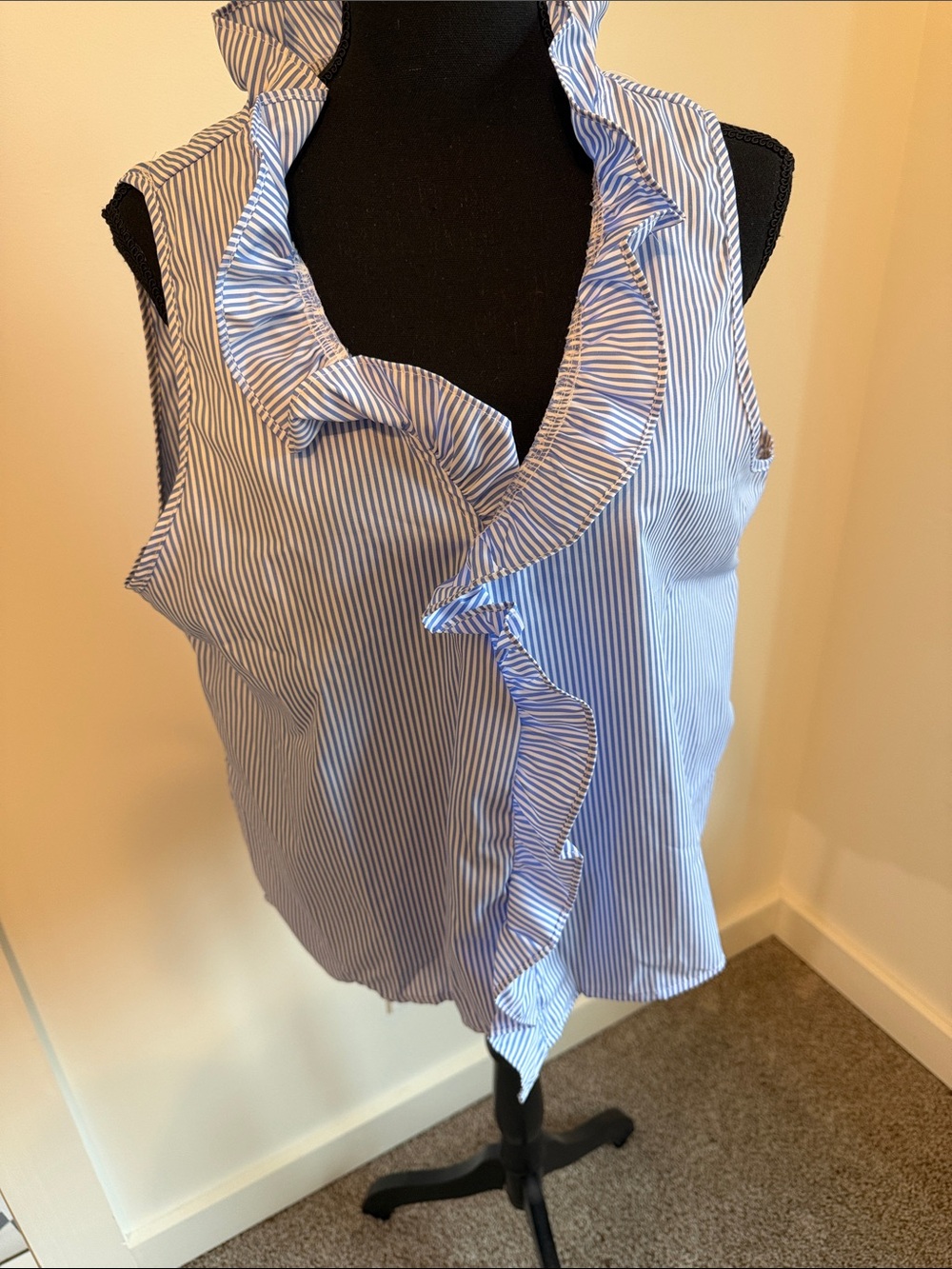 SHEIN Blue & White Striped Ruffle V-Neck Sleeveless Blouse
